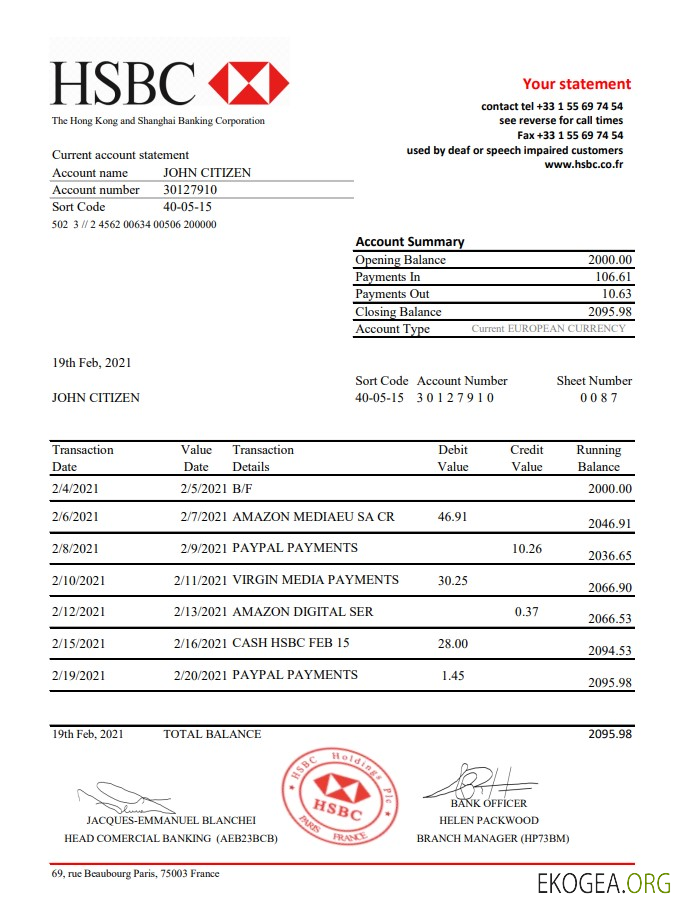 Modèle de relevé bancaire France HSBC au format de fichier .xls et .pdf